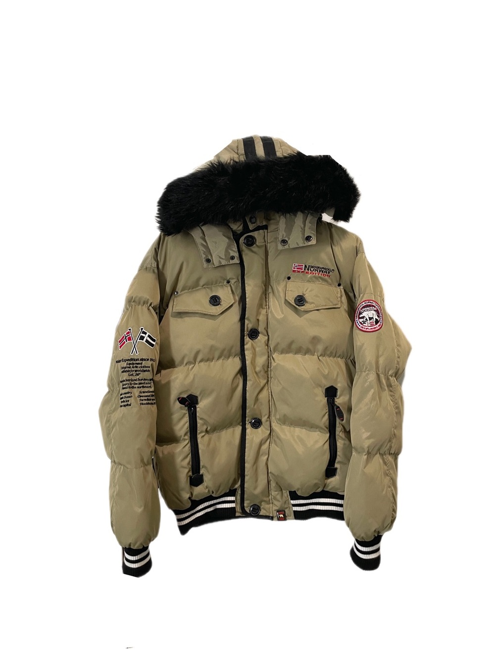 Geographical Norway beige jacket with black faux fur hood, size S.